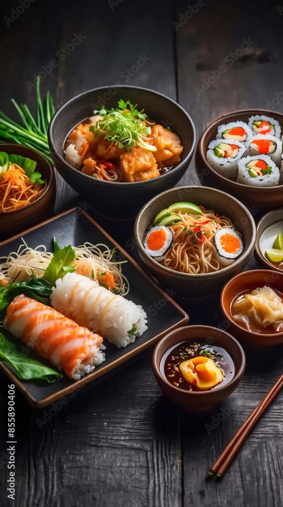 A Beautifully Arranged Composition of Various Asian Foods in Bowls on a Black Wooden Table. The Food Includes Sushi, Ramen, Dumplings, Spring Rolls, and Stir-Fried Vegetables. Gastronomic Life. A Beautifully Arranged Composition of Various Asian Foods in Bowls on a Black Wooden Table. The Food Includes Sushi, Ramen, Dumplings, Spring Rolls, and Stir-Fried Vegetables. Gastronomic Life.