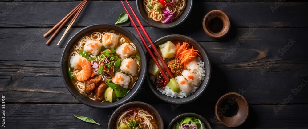 A Beautifully Arranged Composition of Various Asian Foods in Bowls on a Black Wooden Table. The Food Includes Sushi, Ramen, Dumplings, Spring Rolls, and Stir-Fried Vegetables. Gastronomic Life. 