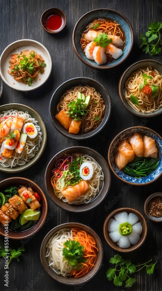 A Beautifully Arranged Composition of Various Asian Foods in Bowls on a Black Wooden Table. The Food Includes Sushi, Ramen, Dumplings, Spring Rolls, and Stir-Fried Vegetables. Gastronomic Life. A Beautifully Arranged Composition of Various Asian Foods in Bowls on a Black Wooden Table. The Food Includes Sushi, Ramen, Dumplings, Spring Rolls, and Stir-Fried Vegetables. Gastronomic Life.