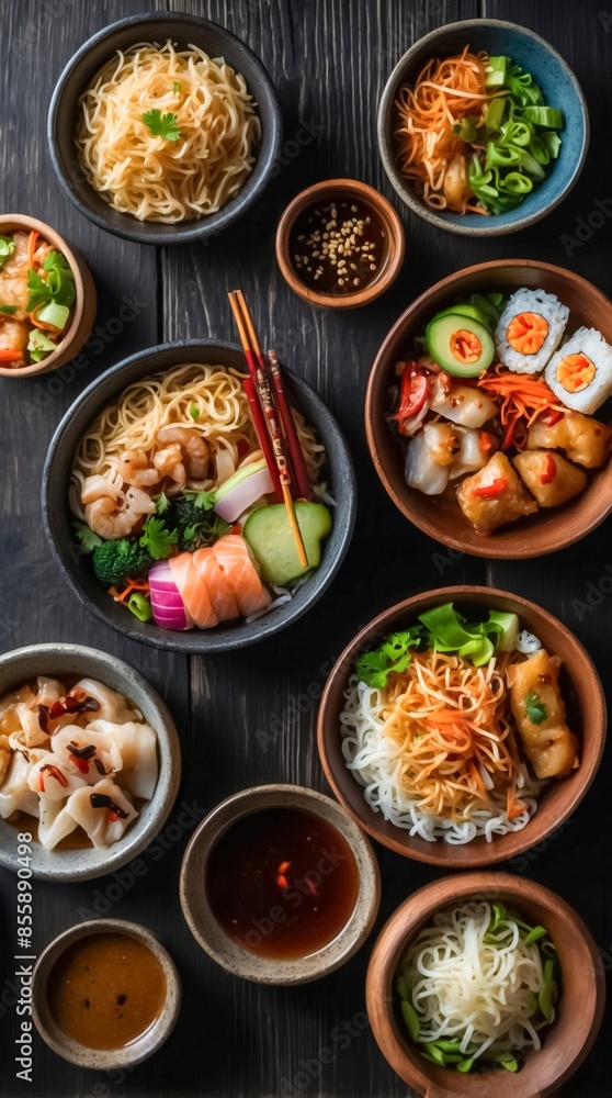 A Beautifully Arranged Composition of Various Asian Foods in Bowls on a Black Wooden Table. The Food Includes Sushi, Ramen, Dumplings, Spring Rolls, and Stir-Fried Vegetables. Gastronomic Life. A Beautifully Arranged Composition of Various Asian Foods in Bowls on a Black Wooden Table. The Food Includes Sushi, Ramen, Dumplings, Spring Rolls, and Stir-Fried Vegetables. Gastronomic Life.