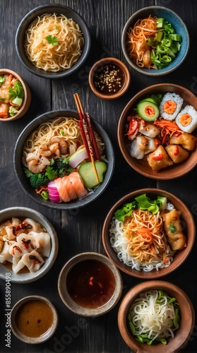 Wallpaper Mural A Beautifully Arranged Composition of Various Asian Foods in Bowls on a Black Wooden Table. The Food Includes Sushi, Ramen, Dumplings, Spring Rolls, and Stir-Fried Vegetables. Gastronomic Life.  Torontodigital.ca
