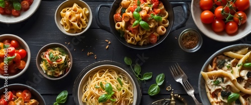 A Beautifully Arranged Composition of Various Italian Foods on a Black Wooden Table. The Food includes Pizza, Pasta, Tomatoes, a bottle of Vinegar, and Stir-Fried Vegetables. Gastronomic Life.