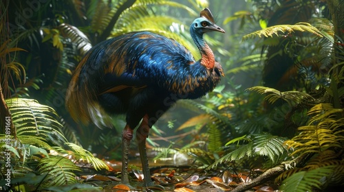 In the heart of a dense tropical rainforest, a cassowary forages among the ferns and towering trees, its powerful legs and vivid plumage a testament to its survival skills. This scene highlights the photo