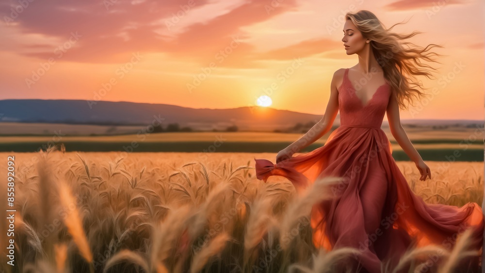 Beautiful Woman in Red Dress in the Oat Field. The Mature Oats Sway Gently in the Breeze, their Golden Heads Glowing Warmly, Surrounded by Golden Hour. Woman Model in the Oat Field. Beautiful Woman in Red Dress in the Oat Field. The Mature Oats Sway Gently in the Breeze, their Golden Heads Glowing Warmly, Surrounded by Golden Hour. Woman Model in the Oat Field.