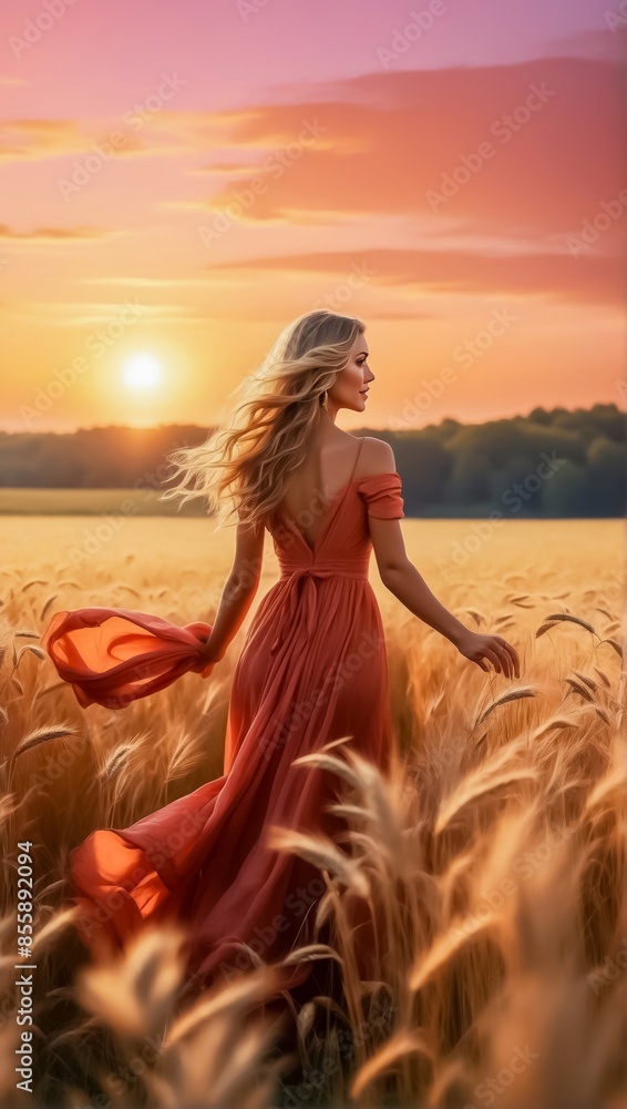Naklejka premium Beautiful Woman in Red Dress in the Oat Field. The Mature Oats Sway Gently in the Breeze, their Golden Heads Glowing Warmly, Surrounded by Golden Light. Woman Model in the Oat Field.