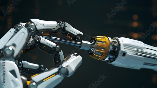 A close-up of a robot hand holding a screwdriver on a dark background, symbolizing advanced technology, robotics, and the integration of machinery in modern engineering and maintenance. 