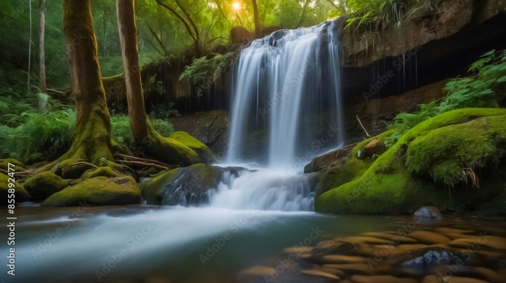 An Enchanting Waterfall. A Hidden Waterfall in the Depths of a Dense Forest. Jungle Waterfall Cascade in Tropical Rain Forest with Blue Pond. An Enchanting Waterfall. A Hidden Waterfall in the Depths of a Dense Forest. Jungle Waterfall Cascade in Tropical Rain Forest with Blue Pond.