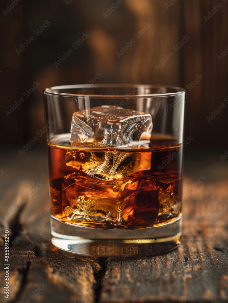 Whiskey glass with ice cubes on a wooden surface. Whiskey glass with ice cubes on a wooden surface.