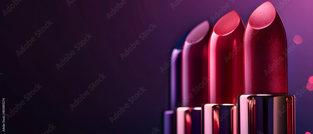 Four tubes of lipstick are lined up against a dark background, illuminated with pink lighting. Four tubes of lipstick are lined up against a dark background, illuminated with pink lighting.
