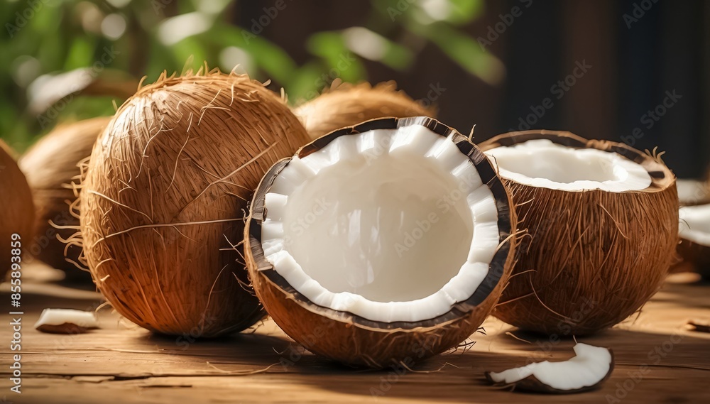 Fresh Coconut on a Rustic Wooden Surface. Tropical Fruits. Nut. Broken Brown Coconut in the Jungle. Halved Coconut on Wooden Table Background. Fresh Coconut on a Rustic Wooden Surface. Tropical Fruits. Nut. Broken Brown Coconut in the Jungle. Halved Coconut on Wooden Table Background.