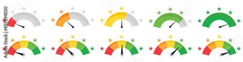Speedometer feedback with star rating. Customer satisfaction gauge meter collection