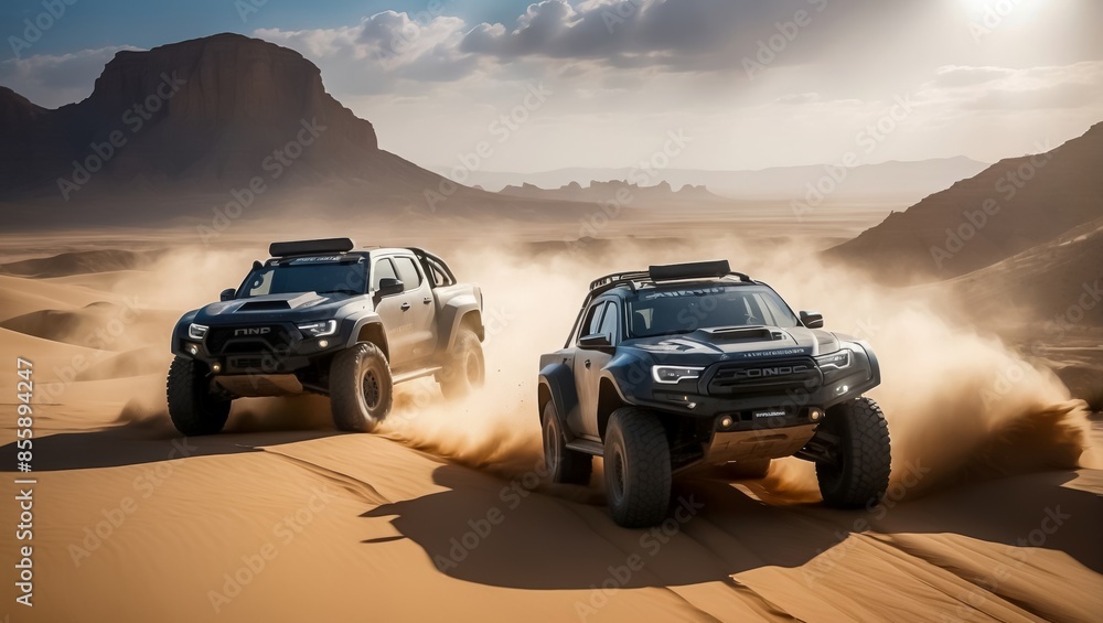 Fototapeta premium Desert Rally. 4X4 in the Dakar Desert Rally. Sports Car Racing through Desert. Off-Road Pickup Truck in the Desert Sand. Off-Road Pickup Truck in the Desert Sand.