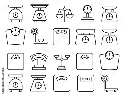 Weight scale line icons in black. Vector illustration