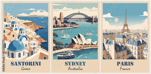 Set of Travel Destination Posters in retro style. Santorini, Greece, Sydney, Australia, Paris, France prints. Summer vacation, holidays, tourism concept. Vintage vector colorful illustrations.