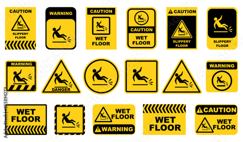 Wet floor signs. Caution orange signs plate collection. Wet floor, stairways, electric shock, watch your step hazard plates