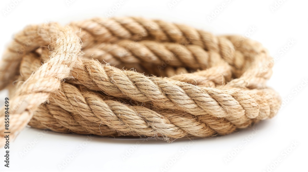 White background showcasing a lengthy ancient rope crafted from natural material White background showcasing a lengthy ancient rope crafted from natural material