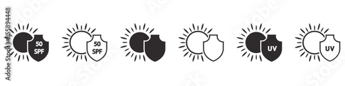 Sun protection shield icons. Ultraviolet protect symbols. Ultraviolet rays protection