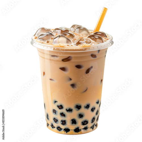 latte and bubble boba in a plastic container isolated on white background , coffee bubble tea on plastic cup