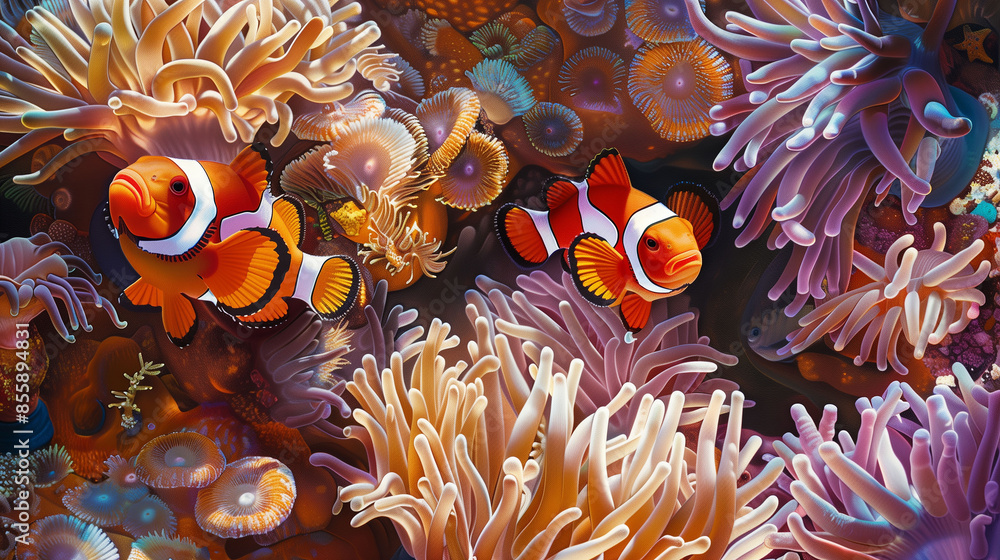 A pair of clown fish swim among the vibrant coral in anemones, creating a stunning underwater scene. The bright orange and white colors of both fish stand out against their surroundings, A pair of clown fish swim among the vibrant coral in anemones, creating a stunning underwater scene. The bright orange and white colors of both fish stand out against their surroundings,