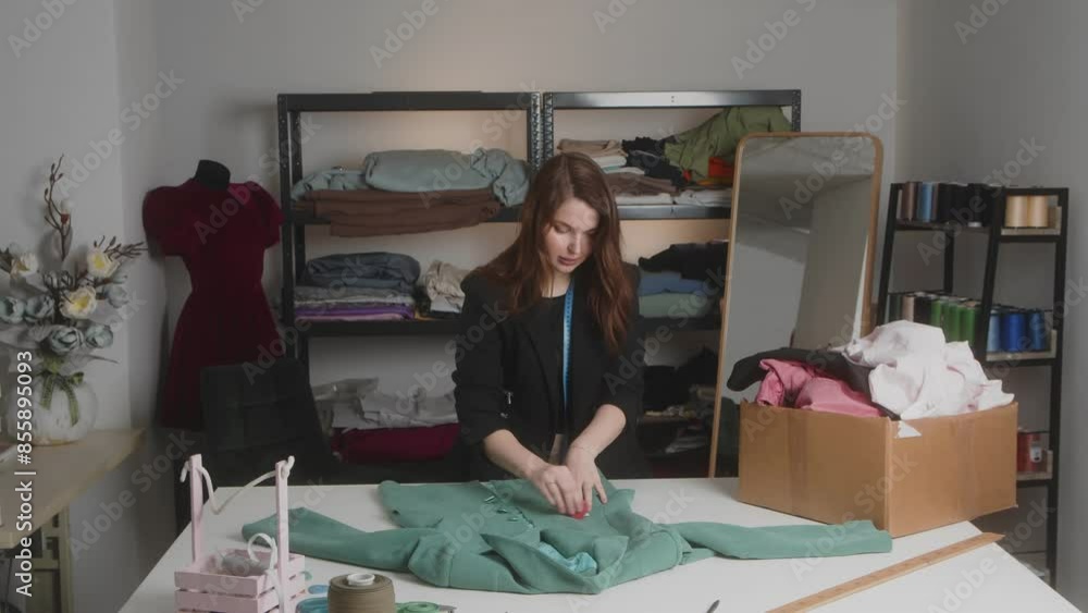 A young seamstress makes a mark on her clothes A young seamstress makes a mark on her clothes
