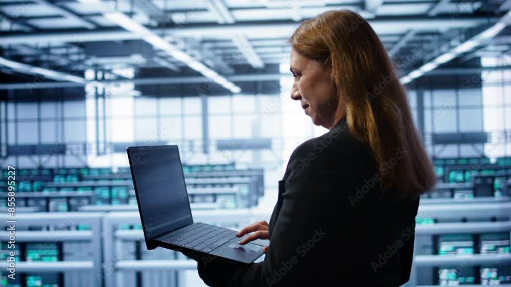 System administrator in server hub checking recovery plan on laptop, monitoring energy consumption. IT expert uses notebook in data center workspace, ensuring rigs are functioning optimally, camera B System administrator in server hub checking recovery plan on laptop, monitoring energy consumption. IT expert uses notebook in data center workspace, ensuring rigs are functioning optimally, camera B