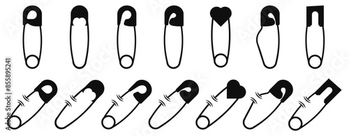 Black safety pin collection. Safety pin icons in black
