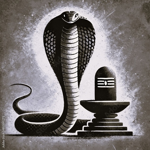 Watercolor painting of Nag Panchami with a cobra standing upright, coiled around lingam.