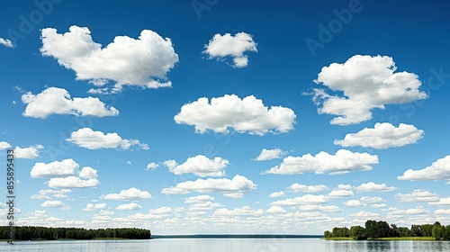  A vast expanse of water featuring numerous cloud formations above and lush foliage on the opposite shore