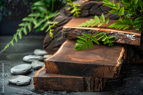 Rustic wood pieces podium. Background for perfume, jewellery and cosmetic products. Front view
 photo