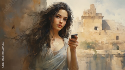 Beautiful young woman capturing a selfie against ancient wall scenery