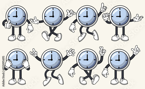 Set of 70s 80s groovy clock cartoon character vector. Collection of retro cartoon character. Mascot groovy cartoon vector illustration.