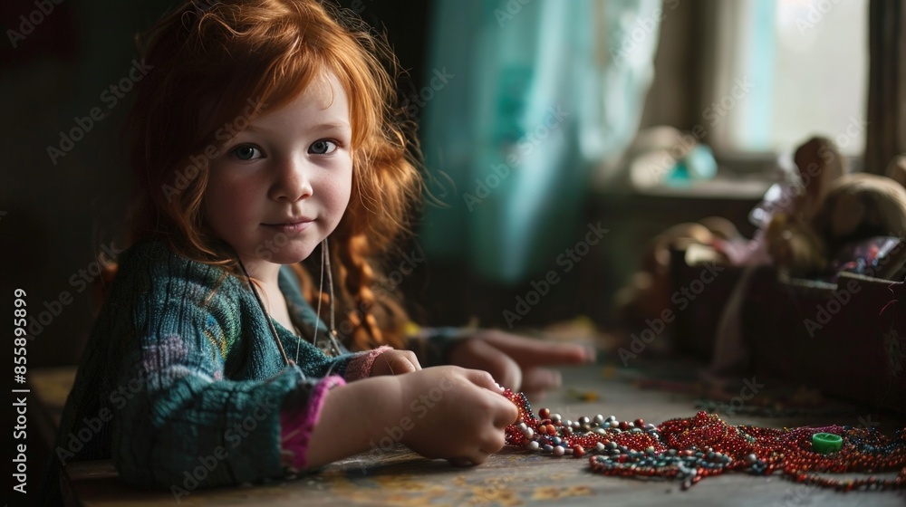Fototapeta premium Young girl with ginger hair sitting at a table and weaving beads
