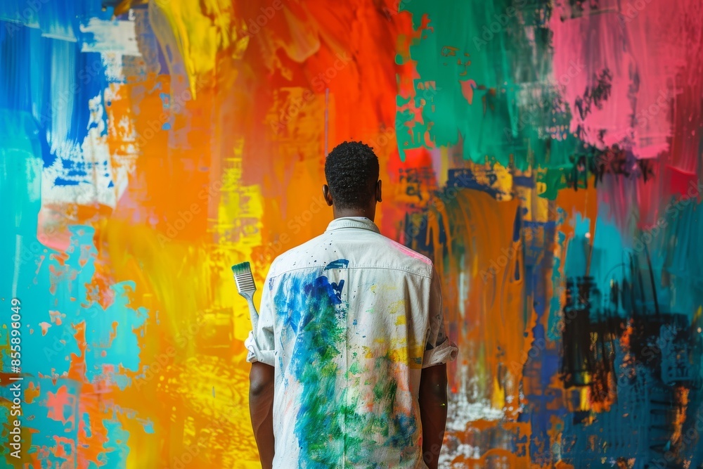 Man With Paint Tools In Hands And Painted Colorful Wall Man With Paint Tools In Hands And Painted Colorful Wall