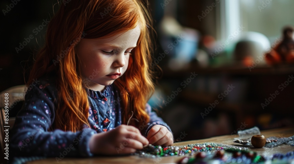 Fototapeta premium Child with red hair sitting at a table weaving colorful beads