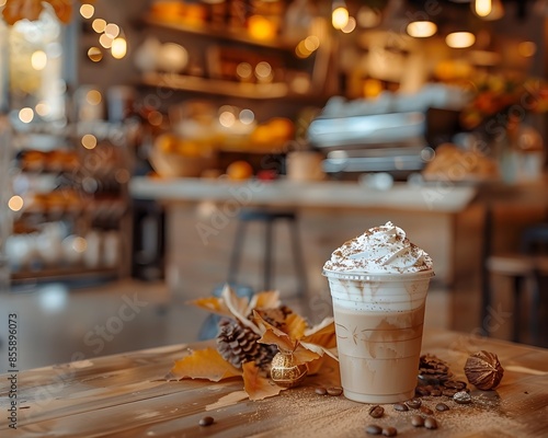 Cozy and Seasonal Fall Themed Coffee Shop Scene with Decorative Beverages and Autumn Accents