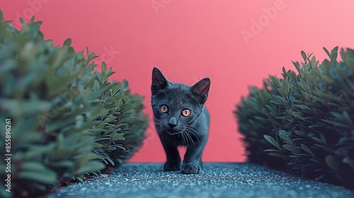   A feline standing on a road amidst a crimson backdrop with brushy vegetation surrounding it photo