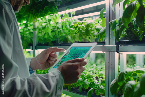 Professional Male Bioengineer Examining Crops on Modern Vertical Farm. Man With Tablet Computer Grows Organic Food or Plants In High-Tech Greenhouse. VFX Infographics Edit Showing Data
 photo