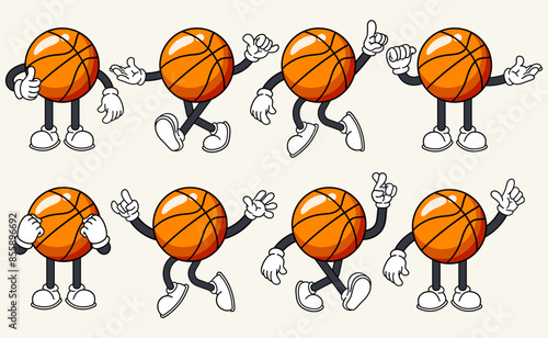 Set of 70s 80s groovy basketball cartoon character vector. Collection of retro cartoon character. Mascot groovy cartoon vector illustration.