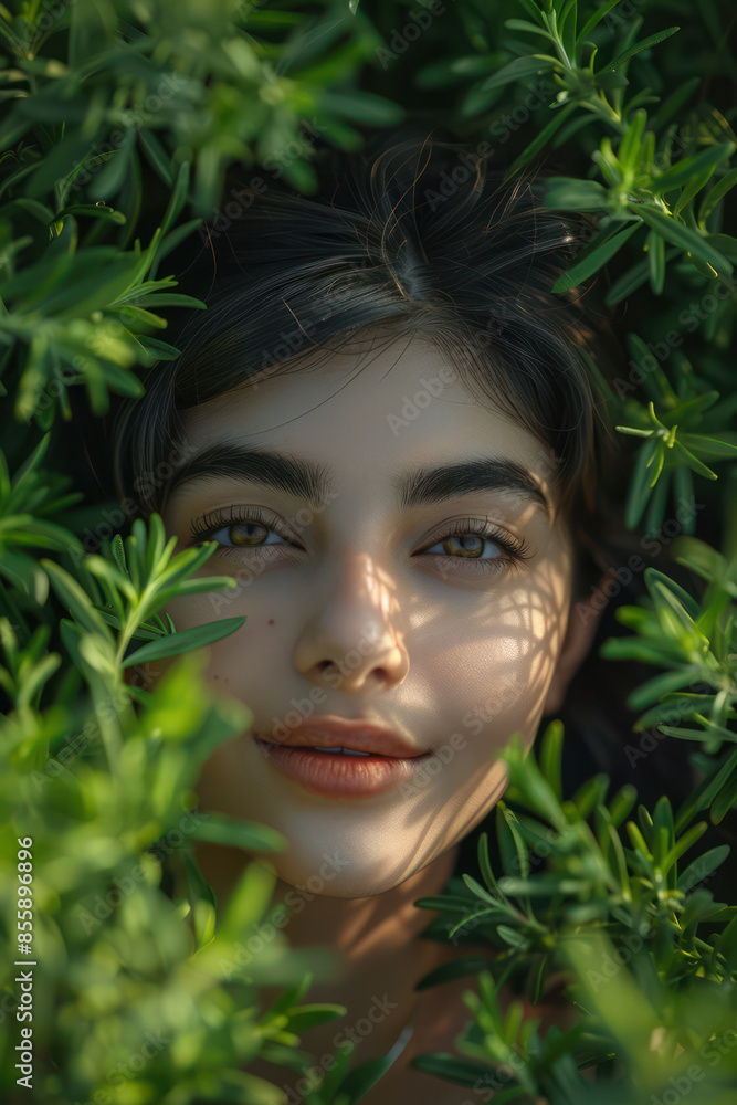 Serene Portrait of a Young Woman Surrounded by Lush Greenery, Capturing Natural Beauty, Peace, and Tranquility in an Enchanting Outdoor Setting Serene Portrait of a Young Woman Surrounded by Lush Greenery, Capturing Natural Beauty, Peace, and Tranquility in an Enchanting Outdoor Setting