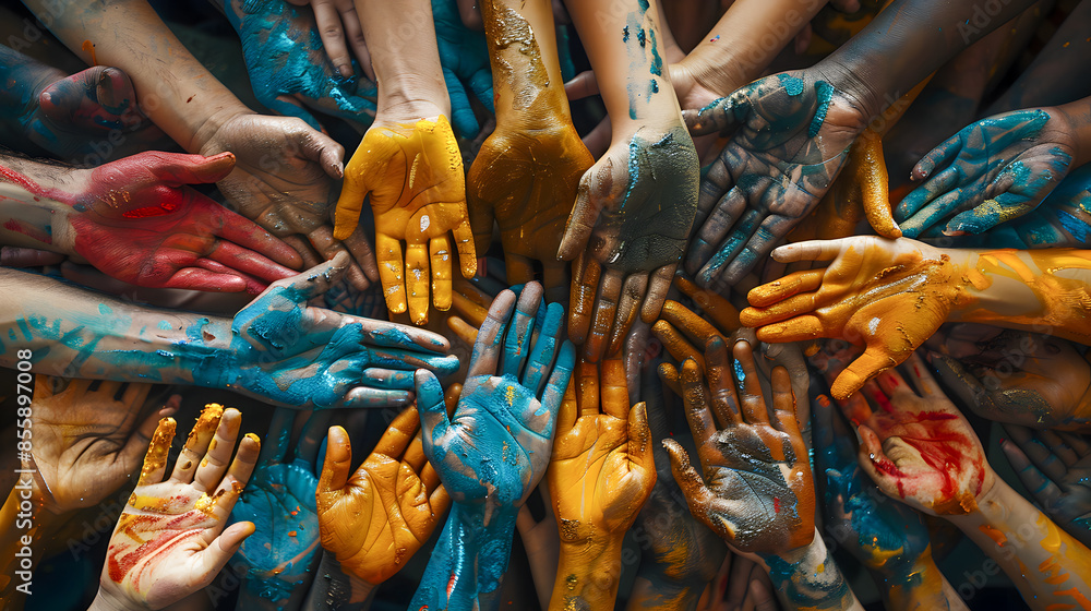 Fototapeta premium Close-up of a lot of hands of people of different races . The concept of friendship and internationalism