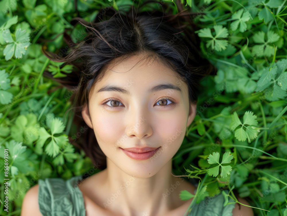 Serene Woman Lying in Lush Green Foliage, Photograph with Natural Beauty, Relaxation, and Peaceful Expression Surrounded by Greenery, Outdoor Portrait, Nature Connection, and Harmony Serene Woman Lying in Lush Green Foliage, Photograph with Natural Beauty, Relaxation, and Peaceful Expression Surrounded by Greenery, Outdoor Portrait, Nature Connection, and Harmony