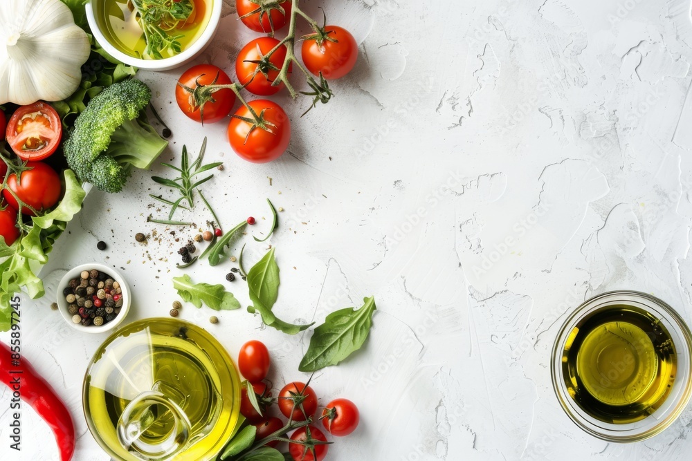 Mediterranean salad background with fresh products and olive oil on a white kitchen bench. Elevated view. Horizontal compositon.