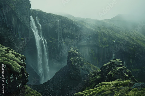 Atmospheric icelandic mountain landscape with waterfalls
 photo