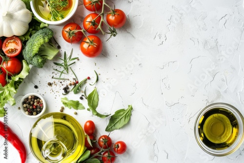 Mediterranean salad background with fresh products and olive oil on a white kitchen bench. Elevated view. Horizontal compositon.