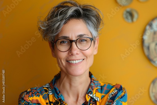 portrait of middle aged woman with short hair and glasses, smiling at camera on yellow background, wearing colorful shirt, cheerful mood, professional photography 