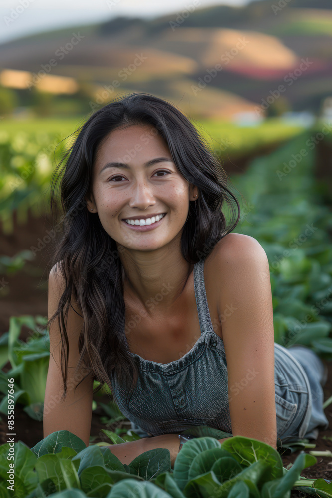 Naklejka premium Vibrant young woman smiling in a lush vegetable garden, enjoying nature and the bountiful harvest under the warm, golden sunlight of a beautiful day in the countryside
