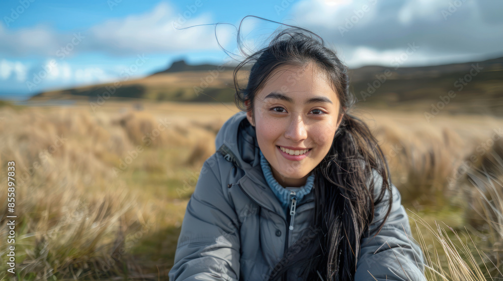Woman Smiling in Outdoor Landscape, Beautiful Portrait in Nature, Happy Young Adult Enjoying Scenic View, Female with Windblown Hair, Sunny Day in Countryside, Natural Beauty in Open Field Woman Smiling in Outdoor Landscape, Beautiful Portrait in Nature, Happy Young Adult Enjoying Scenic View, Female with Windblown Hair, Sunny Day in Countryside, Natural Beauty in Open Field