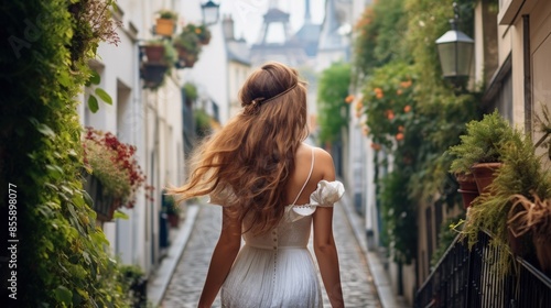 Captivating beauty with long hair in a flowing summer dress, walking through historic streets
