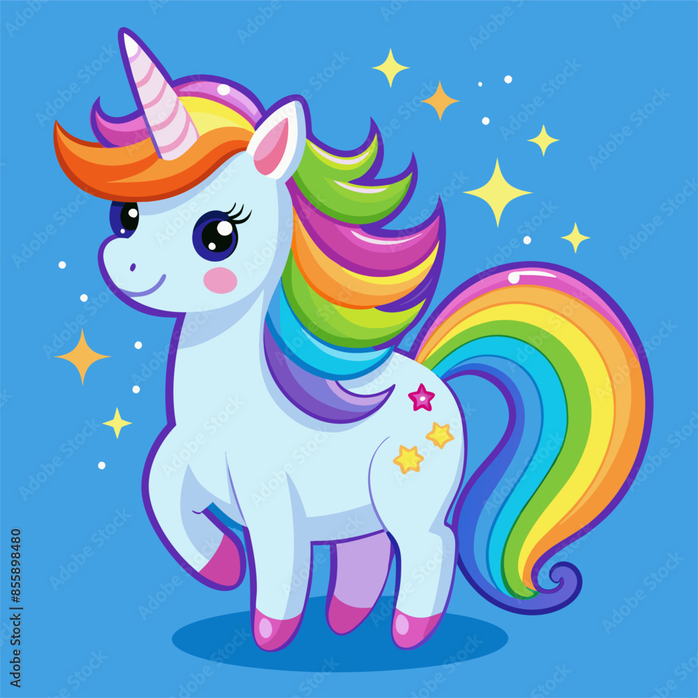 Naklejka premium A cute unicorn with a rainbow mane and tail on a blue background