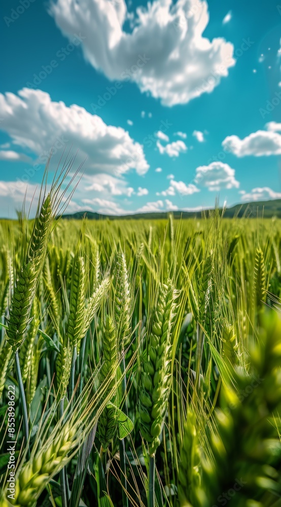 a green wheat field with a blue sky containing white clouds a green wheat field with a blue sky containing white clouds